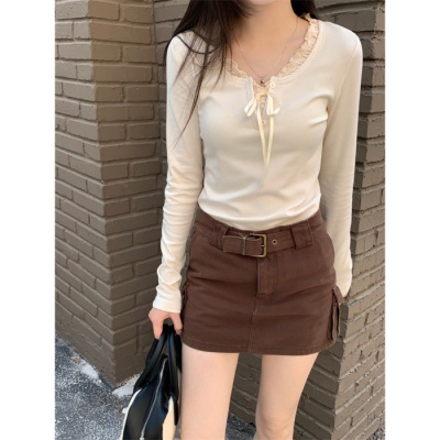 藏蓝色三粒扣上衣女美式复古bm修身短款罗纹长袖打底衫T恤女秋冬