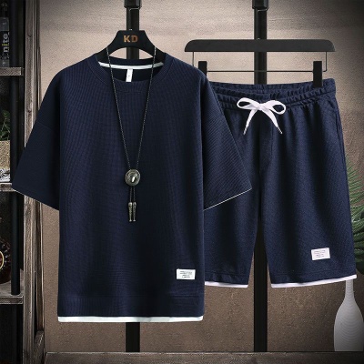 华夫格T恤男士短袖冰丝夏季搭配一套装帅气休闲运动衣服裤薄款