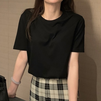 白色正肩纯棉短袖t恤女夏季新款100%纯棉显瘦内搭宽松圆领上衣