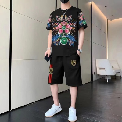 休闲运动套装男士短袖T恤短裤沙滩装潮流青年中国龙图案两件套夏
