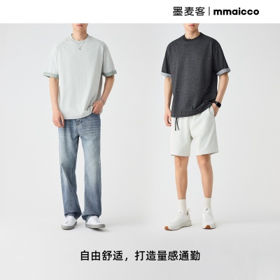 墨麦客男装撞色假两件短袖男2025夏季新款双色色织圆领T恤71906.