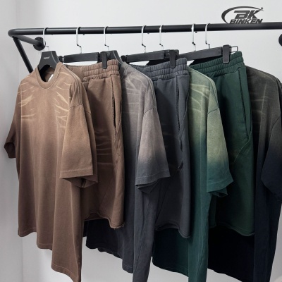 BK男装夏季250G虎纹喷染宽松短袖男美式高街做旧洗水短袖短裤套装