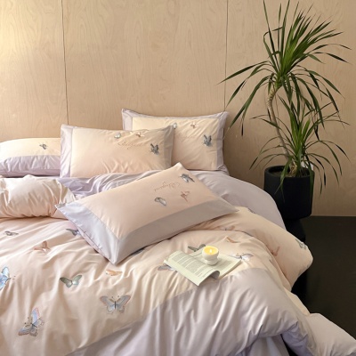 A类公主风全棉水洗棉四件套高精密蝴蝶刺绣纯棉被套床单床上用品4