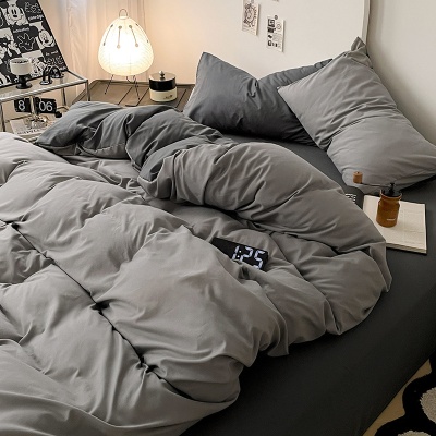 ins风纯色双拼水洗棉床上四4件套学生宿舍床单被套雾霾灰三件套
